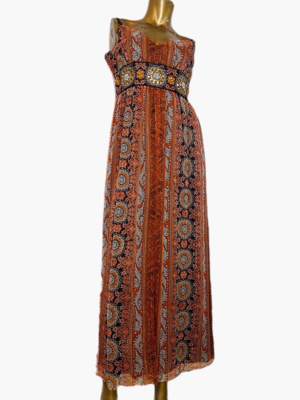 Y2K Spenser Jeremy Sequin/Bead Embellished Silk/Metallic Maxi Dress Paisley , 8